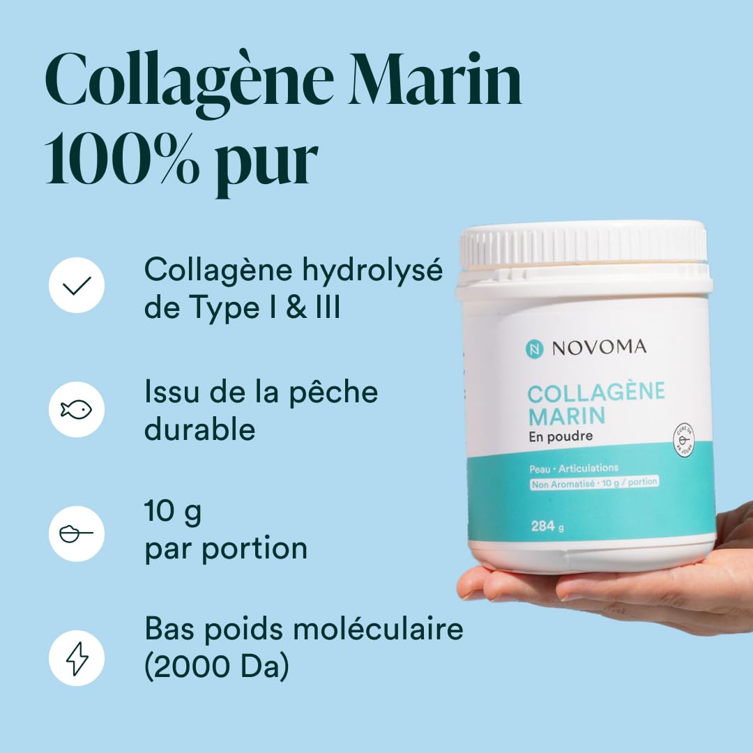NOVOMA Collagene Marin Poudre Type 1 & 3, Peau & Articulations, 10g par Portion, Cure de 28 jours, Collagène Breveté Naticol Avec Vitamine C, Pot de 284g Sans arôme, Made in France
