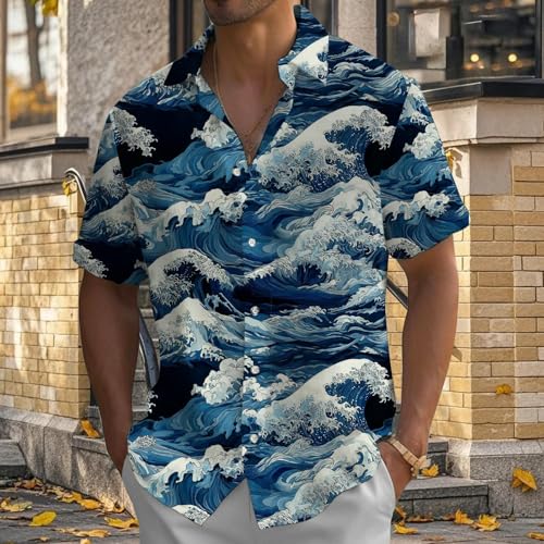 Men's Hawaiian Shirts - Button Down Casual Japanese Wave Printed Shirts | Summer Lapel Tops Clothes Daily Wear2