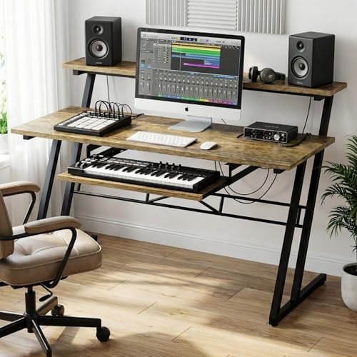Image of FFO Music Studio Desk | Music Studio Desk with Keyboard Tray | Workstation,Laptop PC Computer, Music Instrument Table for Music Producers | (120L x 60W x 100H CM) | DIY - Brown