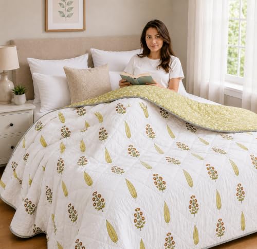 Image of RRC Jaipuri AC Quilt Double Bed | Floral Print Cotton Rajai | Lightweight 200 GSM Summer Comforter | Soft Cotton Quilt | Pack of 1
