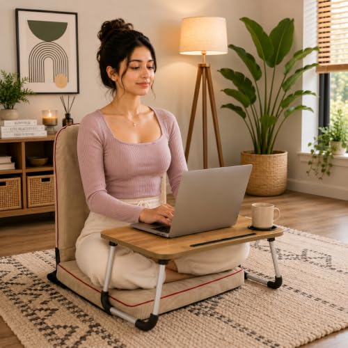 Image of Kawachi Floor Chair with Laptop Table, Foldable Back Support & Portable Study Table Combo, Reading, Work from Home, Meditation & Relaxation Chair (KC32-Beige)