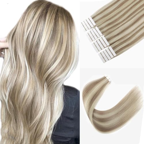 Image of Sixstarhair Seamless Tape In Hair Extensions Remy Human Hair Highlight Hair Extensions Color Swedish Blonde and Ash Blonde Piano Color For Beautiful Girl 50g /20 Pieces Pack [Color 20 /60 22inch]