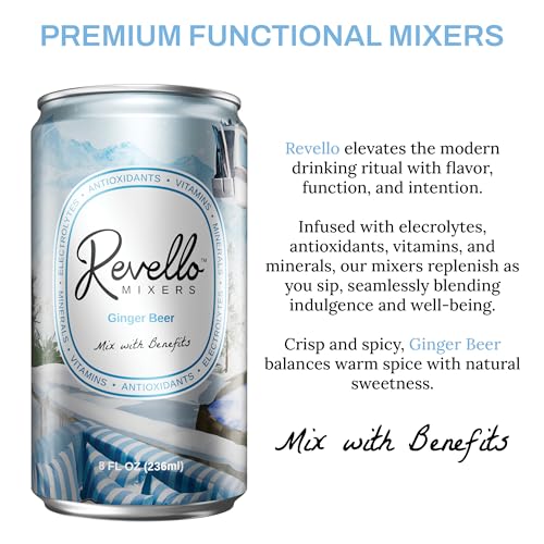 Image of Revello Mixers Ginger Beer - Mixer Infused with Electrolytes, Antioxidants, Vitamins & Minerals - Low Sugar & Calories - Premium Beverage for Crafted Cocktails & Mocktails - 8 fl oz (Pack of 4)