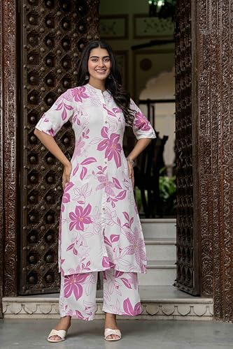 Image of Women's Floral Print Rayon Kurta Palazzo, Round Neck Half Sleeve, Regular Fit, Ethnic Casual Wear