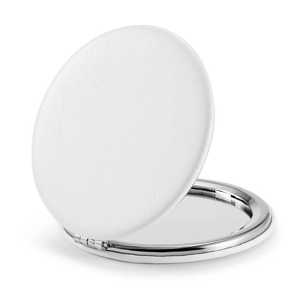 Compact Mirror, Double-Sided Makeup Small Mirror with 1X/2X Magnification PU Leather, Mini Mirror for Purse, Pocket,Travel White 7cm