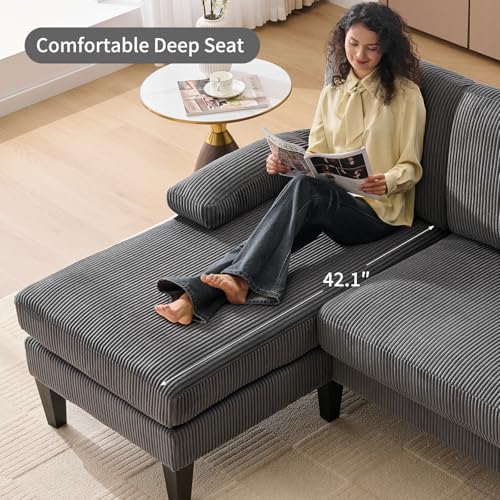 Image of 98 inch Sectional Couches for Living Room, U Shaped Couch with 18 inch Seat Height, 4 Seater Couch Set with Double Chaise for Apartment, Living Room Sofas, Corduroy, Grey