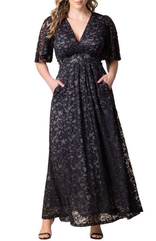 Kiyonna Plus Size Luminous Sequin Lace Long Formal Ball Gown | Cocktail, Wedding Guest, Mother of Bride/Groom Dress