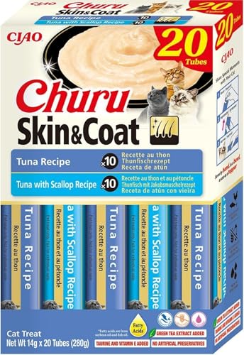 INABA Churu Skin & Coat Snack per Gatti Cremoso in 2 Varietà al Tonno - 20 Stick x 14g - Cibo per Gatti con Omega 3 e 6, Taurina e Vitamina E per la Salute di Pelle e Pelo, Snack Gatto Funzionale