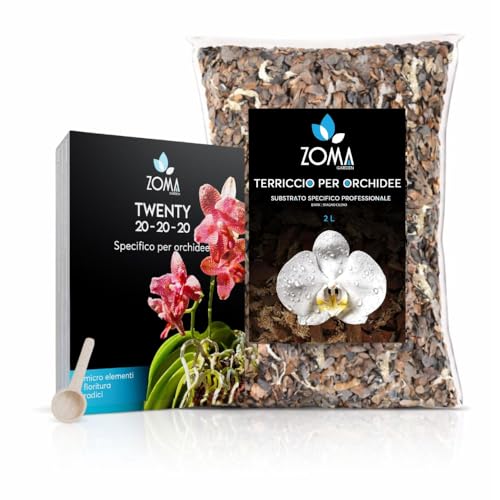ZOMA Bundle - Concime Orchidee 20 20 20 NPK 250g con Terriccio per orchidee 2l contenente Bark e Sfagno cileno