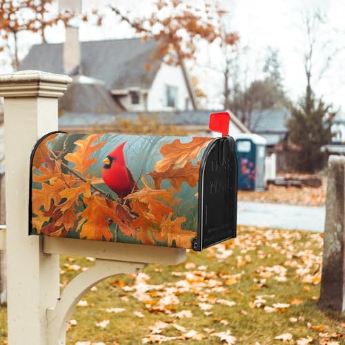 Image of Miaoquhe Autumn Red Bird Mailbox Cover Magnetic Standard Size 21x18 Inch Fall Maple Leaves Mailbox Wrap Fall Mailbox Post Cover Decor Holiday Letter Box Wraps for Home Outdoor Outside Garden Yard