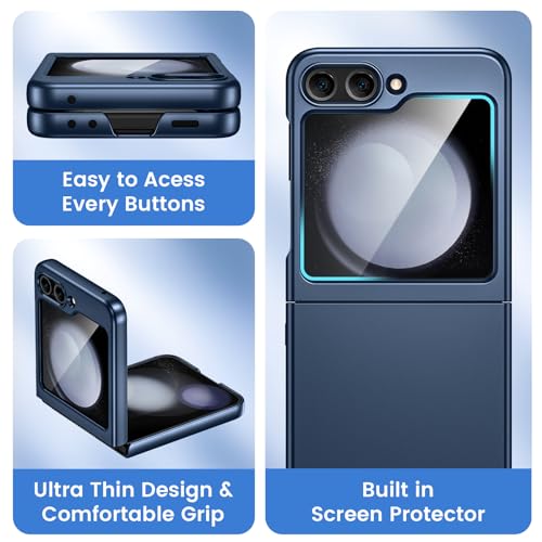 Image of Ruky Slim Case for Samsung Z Flip 5, Hard PC Shockproof Protective Cover, Built-in Back Screen Protector & Support Wireless Charging Phone Case for Samsung Galaxy Z Flip 5, Dark Blue
