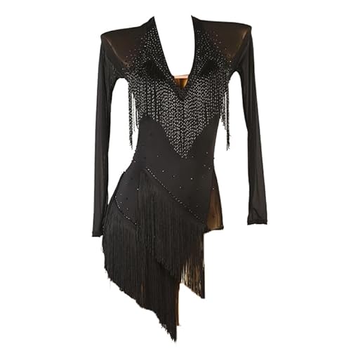 JRUIA Latin Salsa Dance Dress with Layered Tassels Women's Cha Cha Salsa Costumes Mesh Ballroom Competition Dancewear,Black,XXL