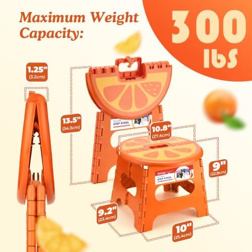ACSTEP 9 Inch Folding Step Stool for Kids, Sturdy Collapsible Step Stool Foldable Up to 300 lbs for Toddlers, Non Slip Foot Stools with Handle for Kitchen, Bathroom, Bedroom, Outdoor, Orange - 2