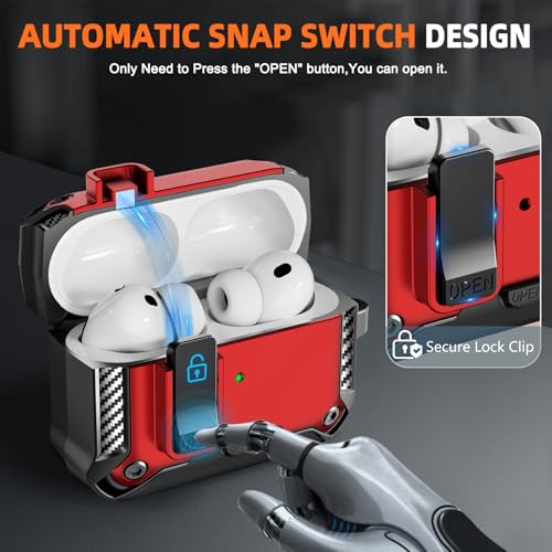 Image of for AirPods Pro 3 Case with Lock & Phone Stand(Red) | Automatic Snap Switch Lock,Carbon Fiber Texture Design Cover with Cleaner Kit