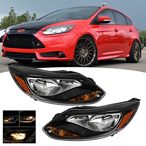 YLT AUTO Pair of Car Headlight Headlight Replacement Assembly Black Projector Headlight Chrome Housing Clear Lens with Bulbs for 2012 2013 2014 Ford Focus SE ST (Front Driver Side and Passenger Side)