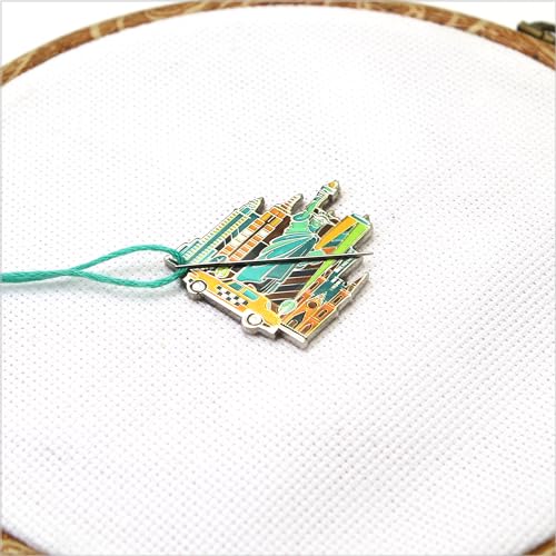Image of Awesome Pattern Studio Needle Minder Set - New York Magnetic Needle Minder + 2 Needle Threaders. Enamel Pin for Cross Stitch, Embroidery and Craft