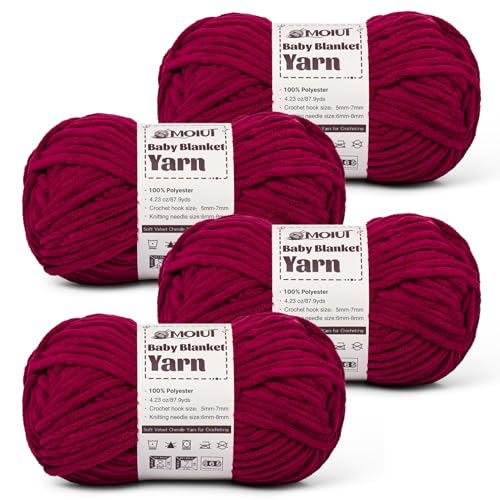 Image of Fluffy Chunky Yarn for Crocheting, Chenille Crochet Yarn 6 Super Bulky, 4 Pack of 87.9 yds /4.23 oz Baby Blanket Yarn, Soft Velvet Yarns for Knitting Amigurumi&DIY Crafts /Hats /Socks(4 Burgundy)