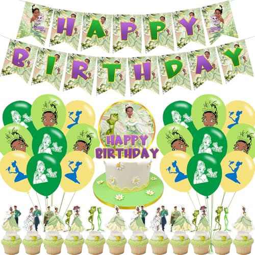 Princess Party Decorations Princess Tiana Birthday Party Supplies Includes Banner- Cake Topper - 24 Cupcake Toppers - 18 Balloons