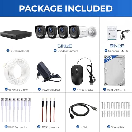 Image of SINLOE 8 Channel 1080P Full HD DVR 2MP Night Color Bullet 4 Pcs, 8 Channel SMPS, 1 TB Hard Disk Full Combo Set