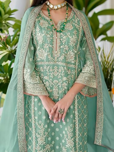Image of INDO ERA Women's Organza Kurta and Pant with Dupatta Set