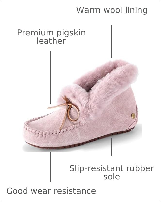 Image of Women's Moccasin Slippers with Warm Wool Lining, Pigskin Leather Non-Slip Rubber Sole for Indoor and Outdoor Casual Winter Flat Shoes