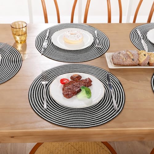 Image of SHACOS 15 inch Round Braided Placemats Set of 6 Non Slip Washable Fabric Kitchen Table Place Mats Heat Resistant Table Mats for Home Wedding Party, Black White