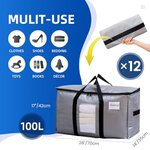 Image of TAILI Extra Large Moving Bags, 12 Pack Silver Heavy Duty Totes For Storage with Visible Window, Wrap Around Handles, Storage Bags for Space Saving, Alternative to Moving Boxes