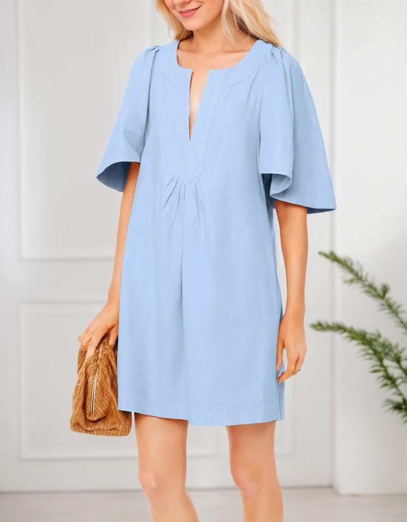 Kedera Womens Flutter Short Sleeve Mini Dress Casual V Neck Loose Flowy Summer Dresses Light Blue, Large - Image 5