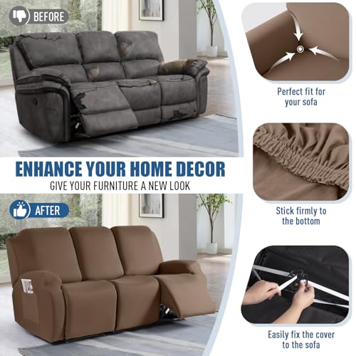 Image of TAOCOCO Recliner Sofa Slipcover, 3 Pieces Polyester Fabric Stretch Sofa Covers for 3 Seat Reclining Couch, Soft Washable Furniture Protector with Pockets (3 Seat, Light Coffee)