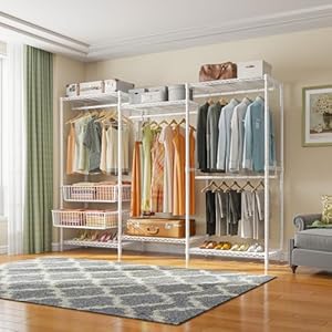 VIPEK V10 Plus Wire Garment Rack 5-Tiers Heavy Duty Clothes Rack Large Size Clothing Rack with 4 Hanging Rods, 6 Wire Shelves and 2 Slid Baskets, 85.4" W x 15.7" D x 76.4" H, Max Load 920 LBS, White VIPEK V10 Plus Wire Garment Rack 5 Tiers Heavy Duty Clothes Rack Large Size Clothing Rack with 4 Hanging Rods 6 Wire Shelves and 2 Slid Baskets 854 W x 157 D x 764 H Max Load 920 LBS White