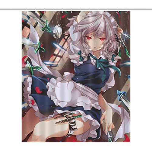 シャワーカーテン 十六夜咲夜 東方シリーズ 防カビ ユニットバス 風呂カーテン 目隠し 遮像 プライバシー保護 バスカーテン 浴室カーテン リング付属 取り付け簡単 厚手 軽量 断熱 保温 撥水 速乾 清潔 間仕切り おしゃれ バス用品 ホテル 60x72