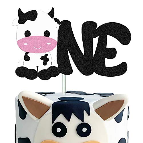 Cow First Birthday Cake Topper Happy Birthday Cake Decorations for Cow Farm Zoo Animal Themed One Year Old 1ST Birthday Party Supplies Double Sided Black Sparkle Decor