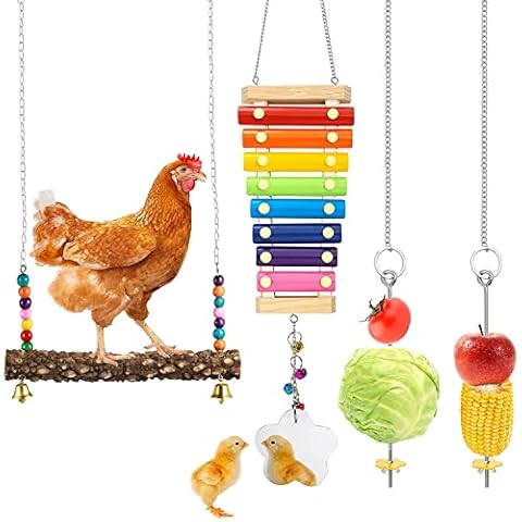 4 Packs Chicken Toys for Coop, Chicken Xylophone Toys with Mirror, Vegetable Hanging Feeder and Chicken Swing Toys for Chicken Hens Cover