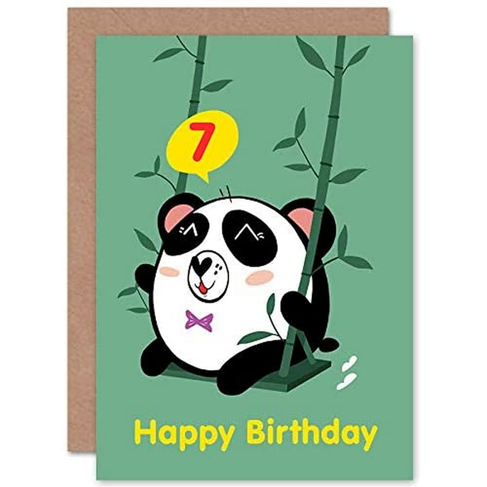 Artery8 Kawaii Panda Swing Greeting Card - 7th Birthday - Green