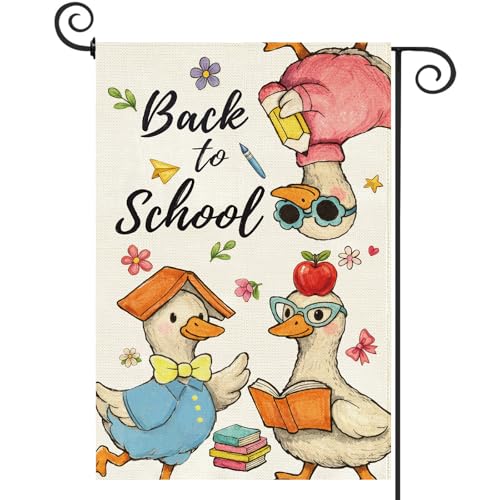 Baccessor Back to School Garden Flag 12.5 x 18 Inch Double Sided Burlap Three Ducks Books Pencil Apple Students First Day of School Classroom Yard Flag Fall Holiday Outdoor Outside Decoration