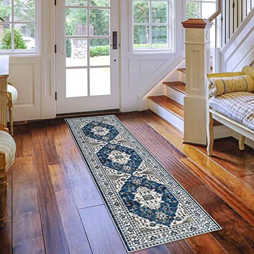 Hallway Washable Runner Rug - 2x7 Kitchen Rugs Entryway Rug Runner Vintage Soft Floor Mat Non Slip Indoor Farmhouse Carpet for Bathroom Living Room Bedroom (2 X 7, Blue)