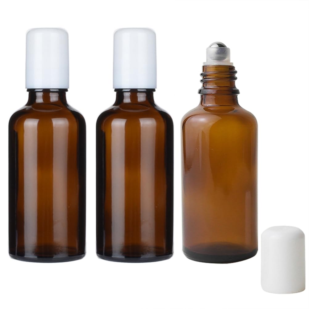 erioctry 3PCS 50ml Empty Refillabl Amber Glass Roller Bottle With Stainless Steel Balls And White Screw Cover For Essential Oil Lip Balms Perfume