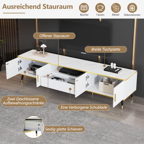 Merax Mueble de TV de 200 cm – Mueble bajo blanco con aspecto de mármol con detalles dorados, 1 cajón, 2 puertas, organizador de cables, para televisores de hasta 90 pulgadas – Mueble moderno para