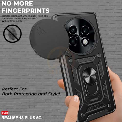 Image of Armor Bumper Back Cover Case for Realme 13 Plus / P1 Speed 5G Rotating Camera Cover, Ring Holder & Kickstand | Heavy Duty & 360 Degree Protection Back Cover (Black)