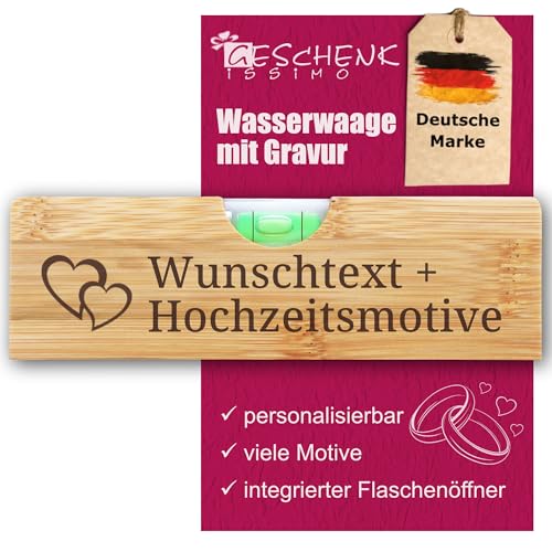 Wasserwaage Hochzeit personalisiert, Brautpaar Name, Spruch + Motiv - Geschenk in Holz Optik, 15 cm, Kapselheber, lustiges Hochzeitsgeschenk, klein und günstig von Geschenkissimo