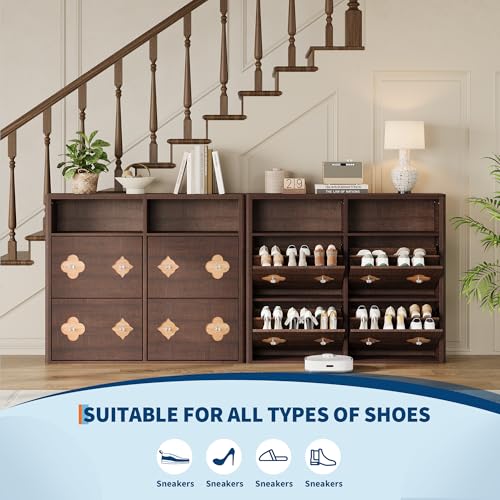 Image of GarveeHome Shoe Cabinet with 4 Flip Drawers, Narrow Wood Shoe Organizer Cabinet with Floral Pattern, Freestanding Slim Shoe Rack Cabinet with Adjustable Shelves & Open Storage, for Entryway, Brown