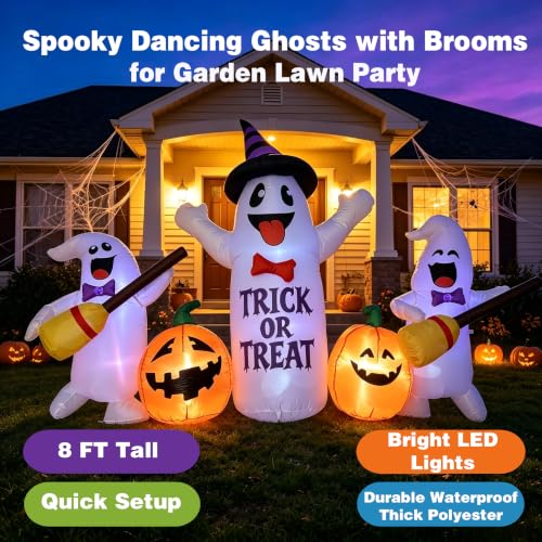 Image of 8FT Halloween Inflatable Ghosts with Broom & Pumpkins, LED Yard Decor