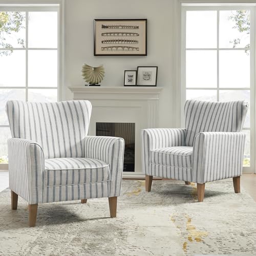 Sillón tapizado a rayas azul con patas de madera miniatura 3
