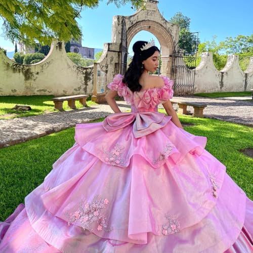 Zhangyo Satin Quinceanera Dresses with Bow Puffy Ruffle Sleeve Sweet 15 16 Dresses Princess Off Shoulder Beaded Ball Gowns2