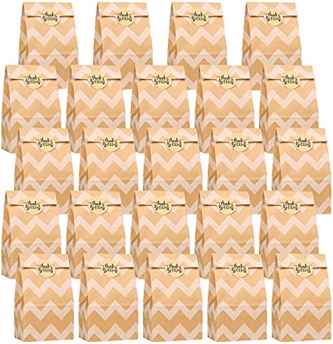 HXC 24 PCS Mini Wave Pattern Brown Paper Bags Small Kraft Paper Bag for Gifts 3.5 x 2.4 x 7.1 Inches Candy Paper Bags with Thank You Label Stickers Party Bags for Birthday Wedding