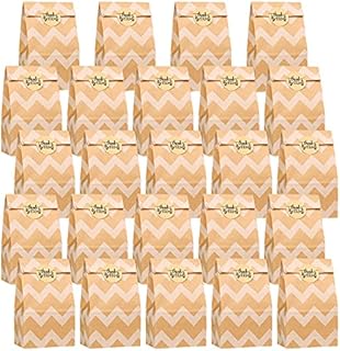 HXC 24 PCS Mini Wave Pattern Brown Paper Bags Small Kraft Paper Bag for Gifts 3.5 x 2.4 x 7.1 Inches Candy Paper Bags with Thank You Label Stickers Party Bags for Birthday Wedding