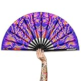 Raveahem UV Glow Rave Fan, Bamboo Folding Clack Hand Fan for Men Women (Wellen, Large 13')