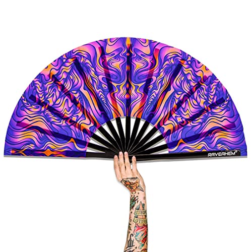 Raveahem UV Glow Rave Fan Bamboo Folding Clack Hand Fans Foldable for Men Women Poping Fan for EDM Festival Line Dance Decoration (Wellen Large 13)