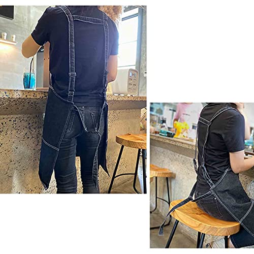 Delantal de Barista Mujer Delantal de Mezclilla Negro Delantal de Vaqueros para Hombres Barbacoa Ajustable con Bolsillos para cocinar Camarero