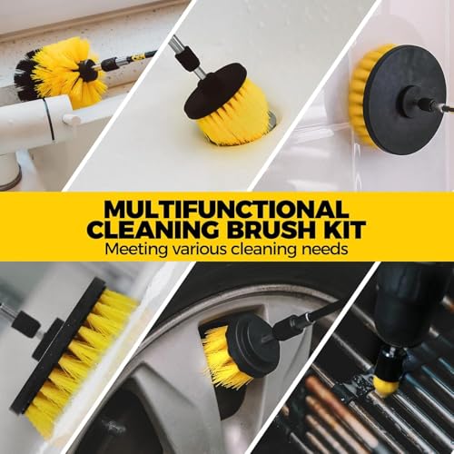 Image of 23pcs Drill Brush Attachment Scrub Pad Sponge Buffing Pad Power Scrubber Brush with Extended Long Attachment Car Polishing Pad Kit, Black Scouring Pads and Sponge